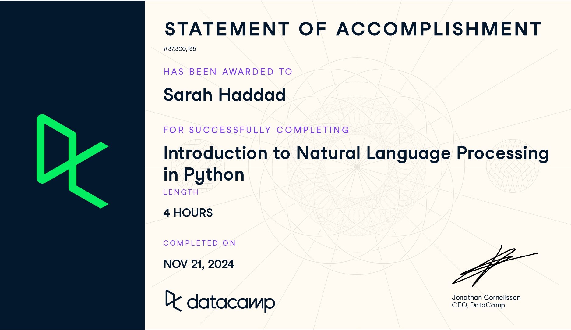Introduction to Natural Language Processing in Python Certificate